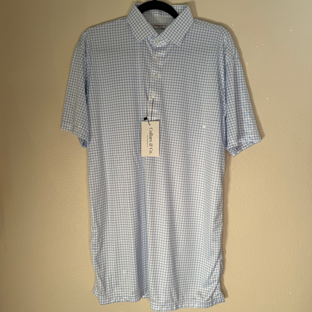 Collars & Co Mens Dress Collar Polo Shirt Blue White Grid Large Tall NWT Stretch